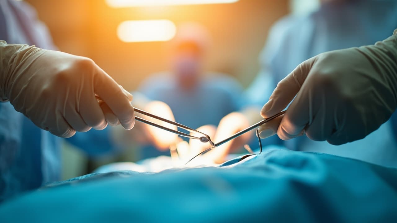 A physician's gloved hands holding surgical instruments over a blue sterile drape, with the operating room team softly blurred in the background